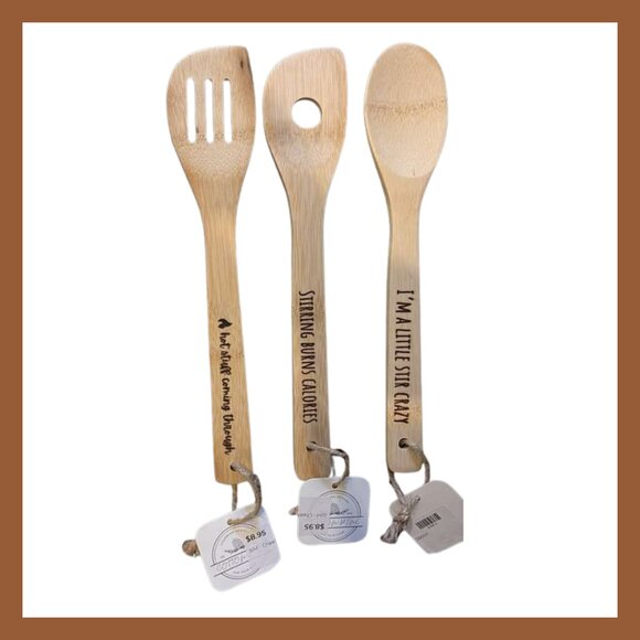Set of 3 Funny Engraved Bamboo Kitchen Utensils | Cooking Spoons Wood Spatula - Picture 1 of 4